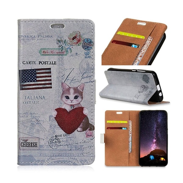 Samsung Galaxy S10 Plus mønstret læder flip etui - USA Flag og Kat med Hjerte Multicolor