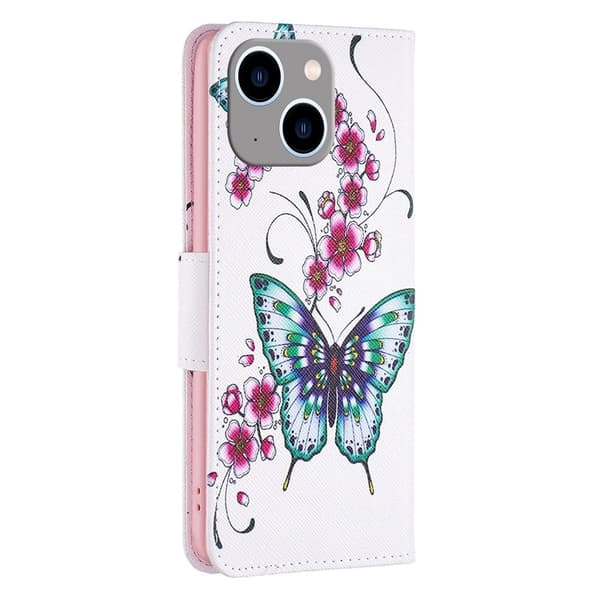 Wonderland iPhone 14 Plus flip etui - Ferskenblomst Og Sommerfugle Multicolor