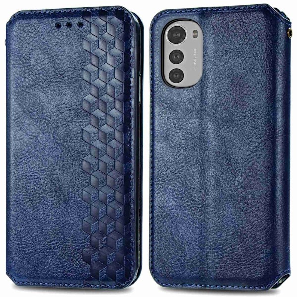 Læder Etui med A Stilfuldt Rhombus Tryk til Motorola Moto E32s / E32 / G22 - Blå Blue