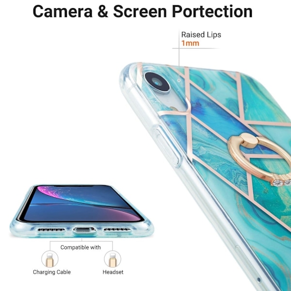 Marble Patterned Suojakuori With Ring Holder For iPhone Xr - Vihreä Green