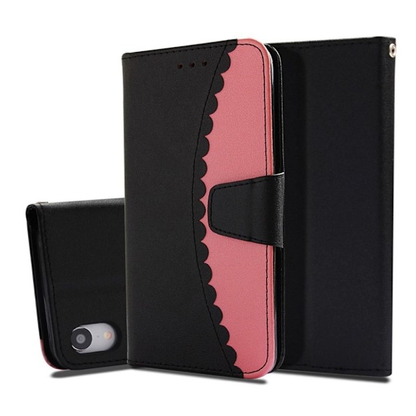 iPhone Xr bi-color splejsning læder flip cover - Sort / Rose Multicolor