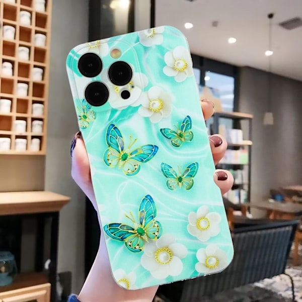 Deco iPhone 14 Pro deksel - Sommerfugl Og Blomst Green