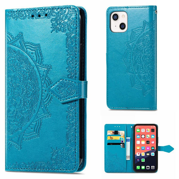 Mandala läder iPhone 13 fodral - Blå Blå