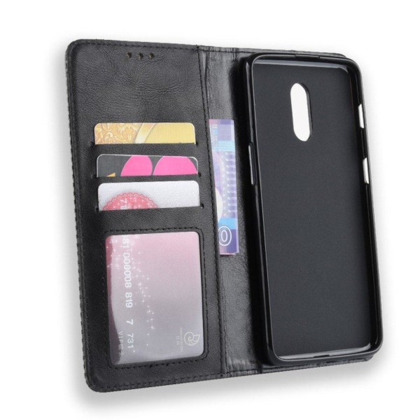 OnePlus 6T vintage Malli nahkainen flip suojakotelo - Musta Black