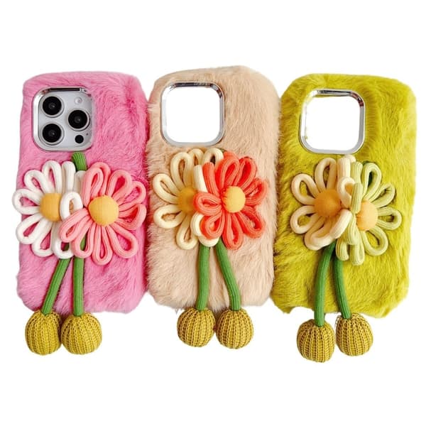 iPhone 16 Pro Max Case Two Flowers Decor Outer Fluffy Plush Inner Flexible Phone Cover - Green Green