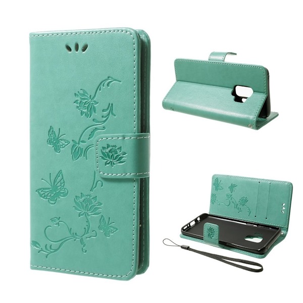 Samsung Galaxy S9 stemplet sommerfugl Blomster PU læder flip etui - Grøn Green