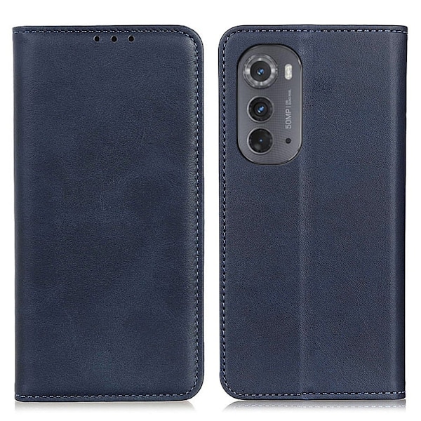 Flip Etui med Pung i Ægte Læder til Motorola Moto Edge 2022 - Blå Blue