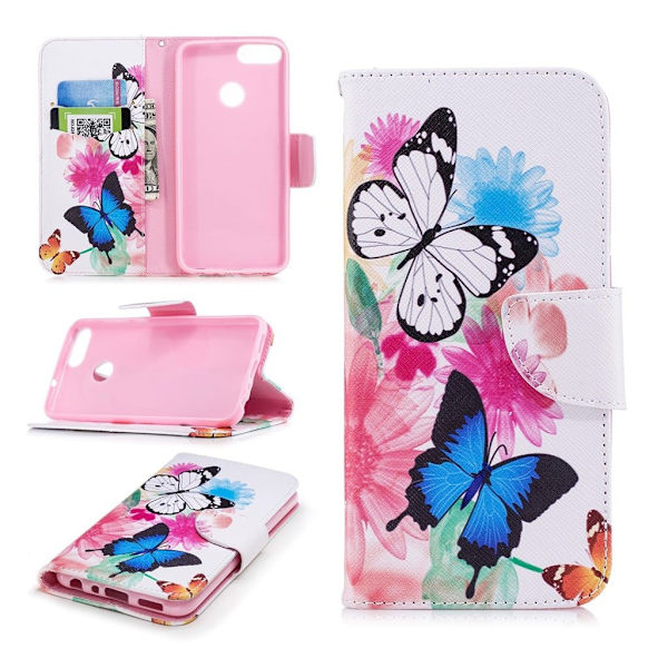 Huawei P Smart kuvioitu nahkainen flip suojakotelo - Perhoset ja Kukat Multicolor