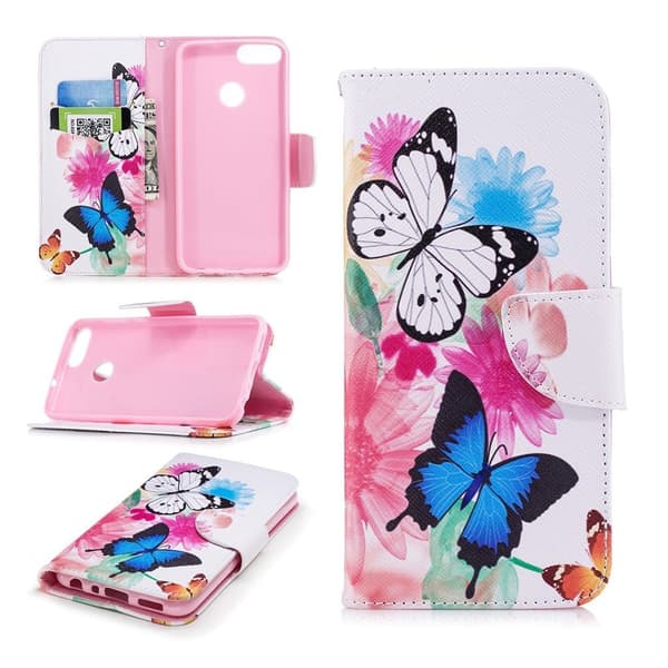 Huawei P Smart Mønstret Lær Flip Etui - Sommerfugler Og Blomster Multicolor