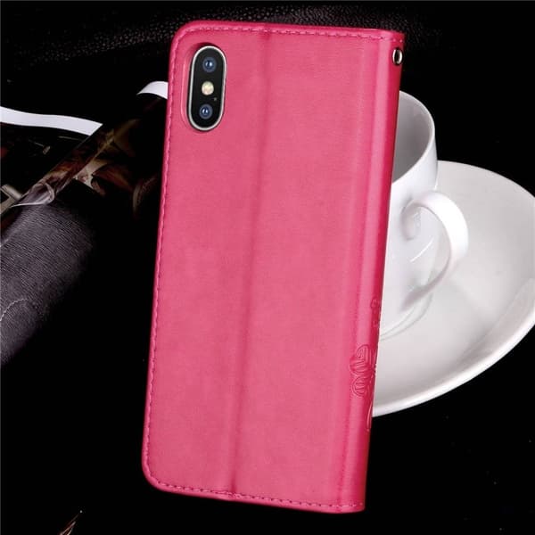 iPhone Xs Max læder flip cover med kløvermønster - Rose Pink