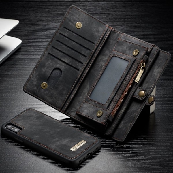 CASEME iPhone XS mobilfodral delad läder silikon plånbok vintage avtagbar – Svart Svart