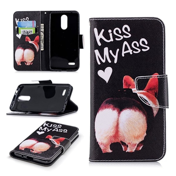 LG K8 (2018) Kuvallinen Magneettinen PU Nahkainen Lompakko Suoja Kotelo - Kiss My Ass Teksti Multicolor