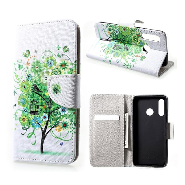 Huawei P30 Lite mønstret læder flip etui - Grønt Blomster Træ Green