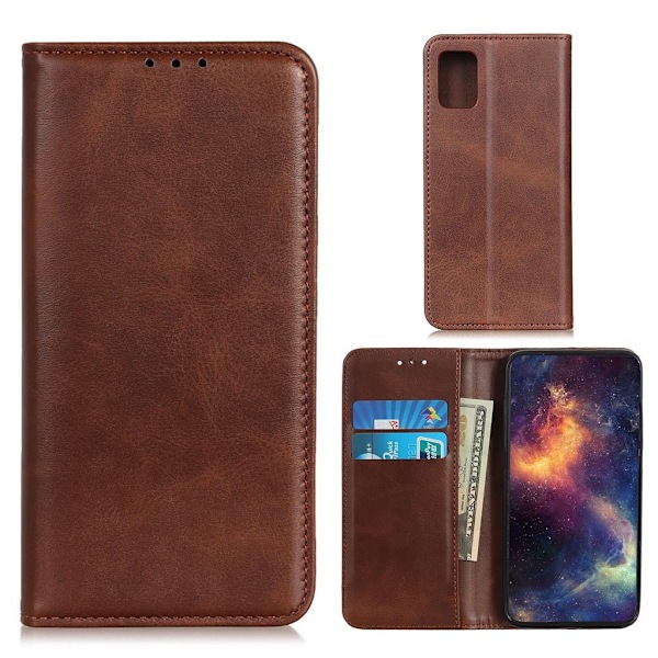 Lompakko-style Aitoa Nahkaa Läppäkotelo For Samsung Galaxy A02s - Kahvi Brown
