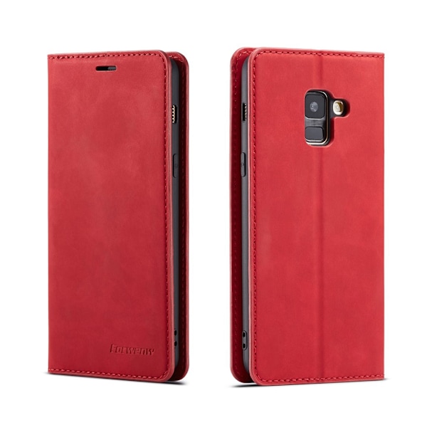 FORWENW Samsung Galaxy A8 (2018) plånboksfodral i läder - röd Röd