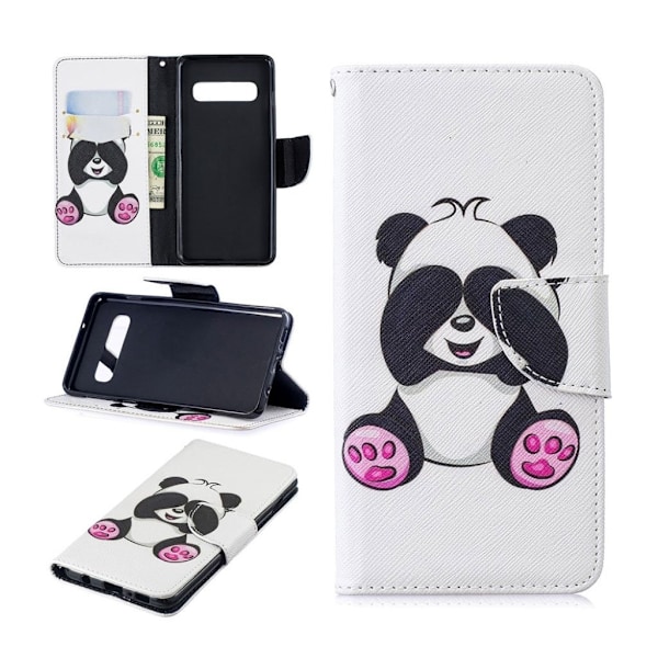 Samsung Galaxy S10 mønstret læder flip etui - Sød Panda Multicolor