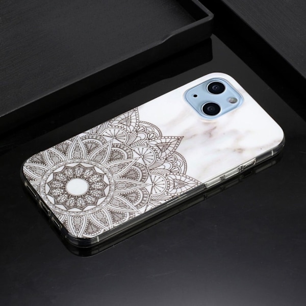 Marmormotiv iPhone 14 skal - Mandala Blomma / Marmor Silvergrå