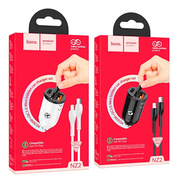 NZ2 Link PD30W+QC3.0 billaddare set (Type-C till Lightning) - Vit Vit