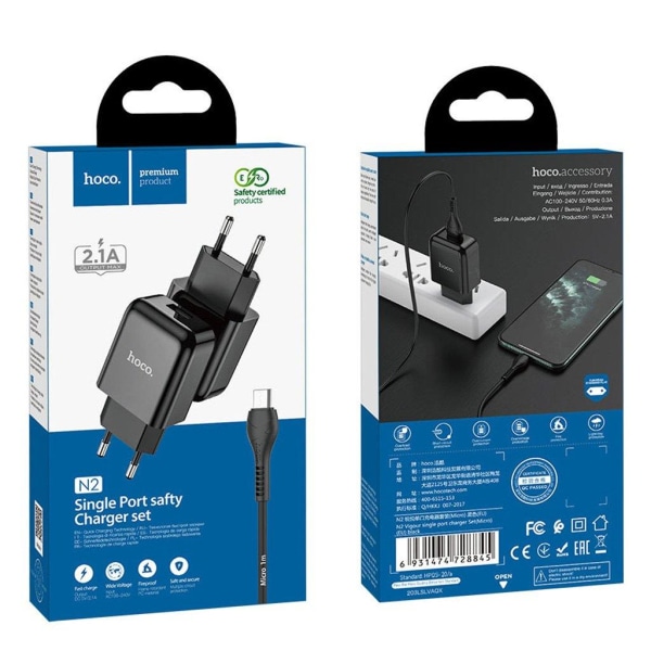 HOCO N2 Vigour single port charger Set(Micro)(EU) - black Black
