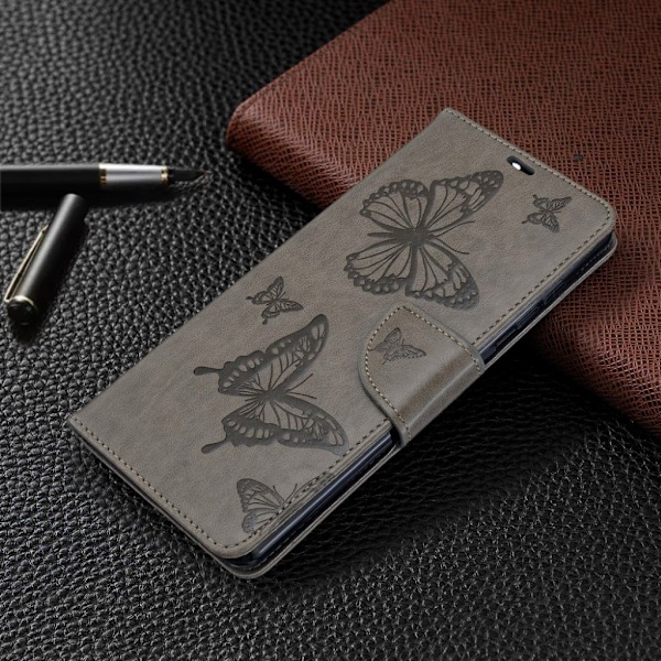 Butterfly Samsung Galaxy A71 nahkakotelo - Harmaa Silver grey