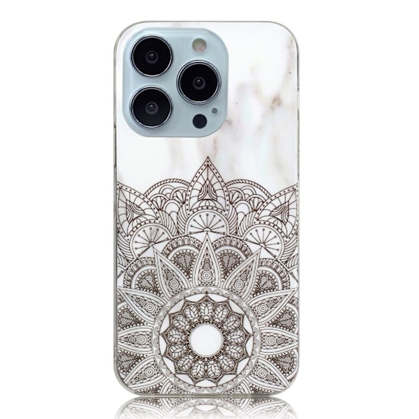 Marble iPhone 14 Pro Max Etui - Mandala Blomst / Klinkekule Silver grey