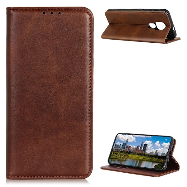 Lompakko-style Aitoa Nahkaa Läppäkotelo For Motorola Moto G9 Play - Kahvi Brown
