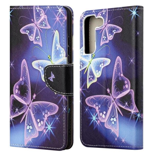 Wonderland Samsung Galaxy S22 Flip Suojakotelo - Sparkling Butterflies Purple