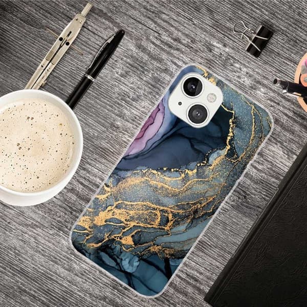 Marble design iPhone 14 Plus cover - Blå På Gylden Stænkmarmor Multicolor