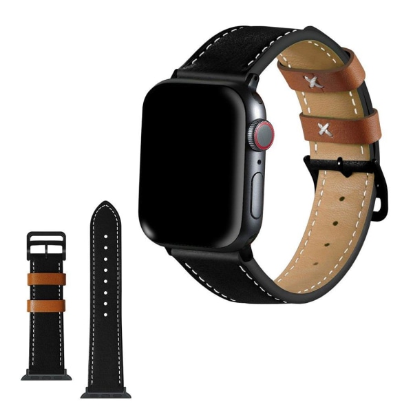 Apple Watch Series 5 44mm kontrast urrem i ægte læder - Sort Black