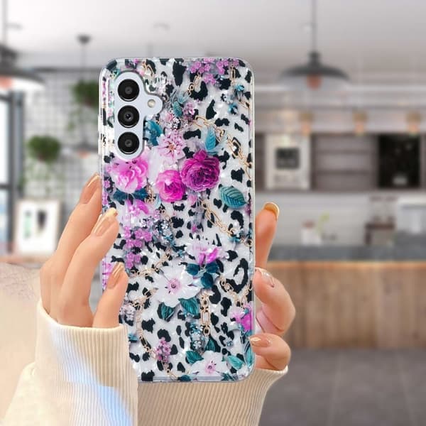 Marmormotiv Samsung Galaxy A13 5G skal - Leopard Och Blomma Lila