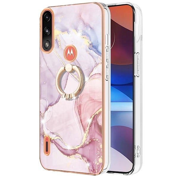 Marble Patterned Suojakuori With Ring Holder For Motorola Moto E7i Power / E7 Power - Rose Kulta Marble Haze Pink