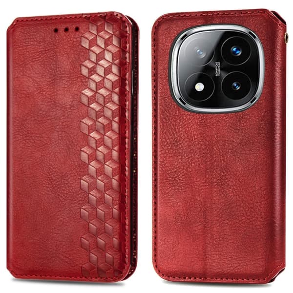 Läder Xiaomi Redmi Note 14 Pro Plus 5G fodral med romb-design - Röd Röd