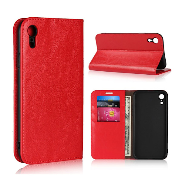 Crazy Horse iPhone Xr flip cover i ægte læder - Rød Red