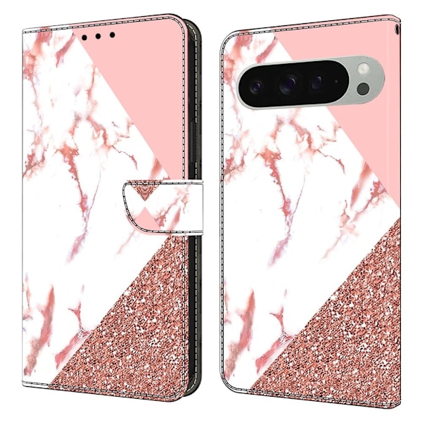 Google Pixel 9 Pro XL plånboksfodral mönstrat tryck stativ läder flip telefonskal - Triangulär Marmor Rosa