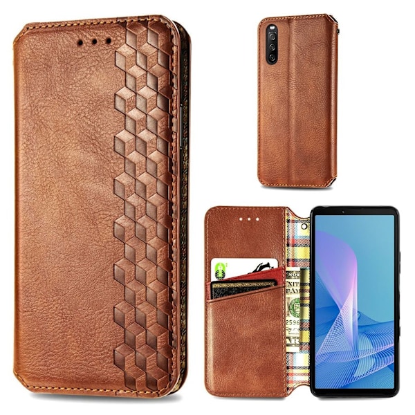Nahkakotelo With A Stylish Rhombus Imprint For Sony Xperia 10 III - Ruskea Brown