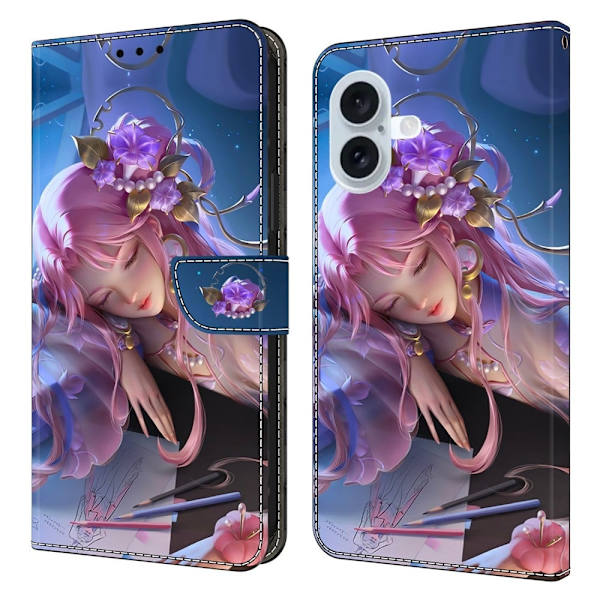 iPhone 16 Plus Plånboksfodral Mönster Tryck Stativ Läder Flip Telefonskal - Törnrosa Rosa