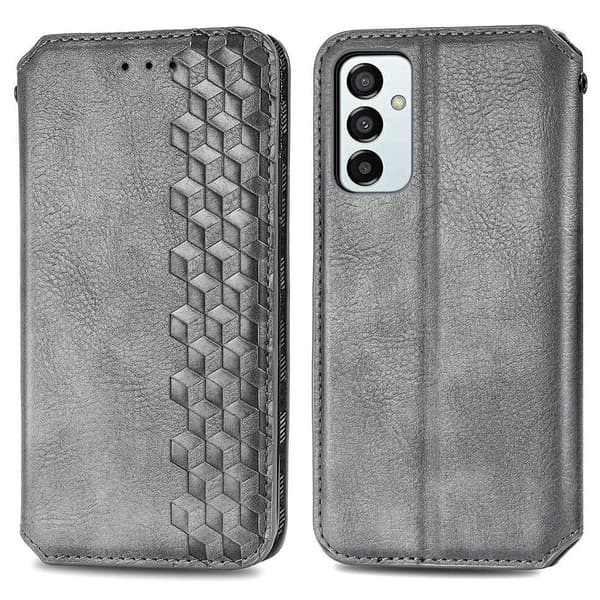 Läder Samsung Galaxy M23 fodral med romb-design - Silver/Grå Silvergrå