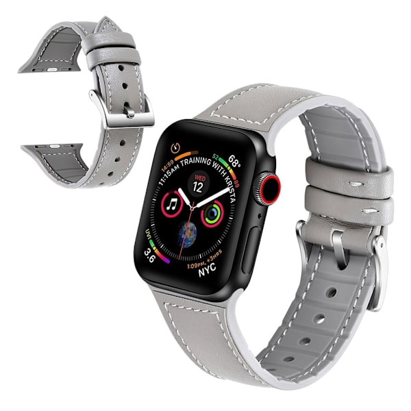 Apple Watch Series 5 44mm silikone genuin læder Urrem - Grå Silver grey