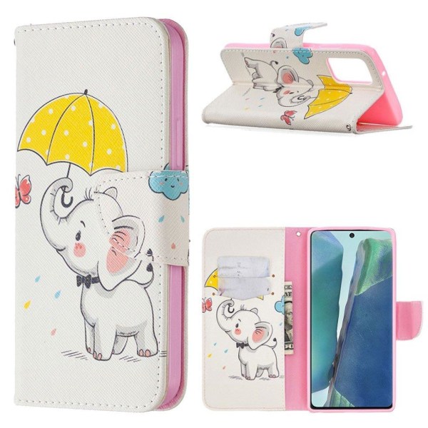 Wonderland Samsung Galaxy Note 20 Flip Etui - Elefant og Paraply White