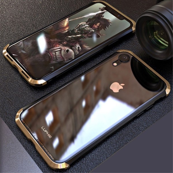 iPhone Xr LUPHIE lasi ja metalli hybriidi muovinen takasuoja kuori - Kulta Gold