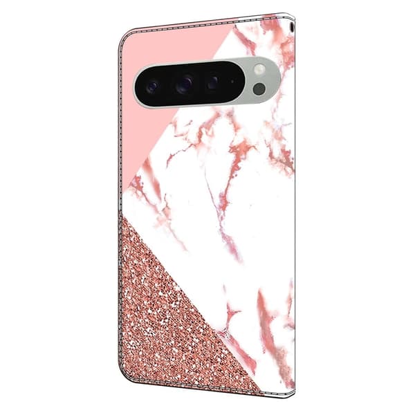 Google Pixel 9 Pro XL plånboksfodral mönstrat tryck stativ läder flip telefonskal - Triangulär Marmor Rosa