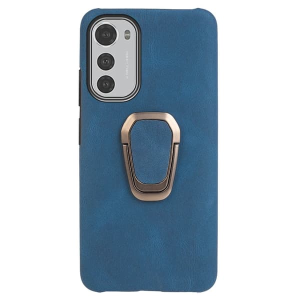 Shockproof Läder Skal med Oval Kickstand till Motorola Moto E32 - Blå Blå