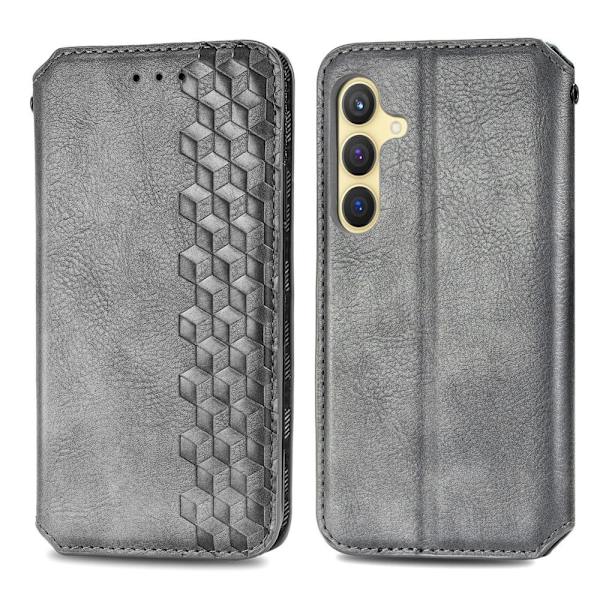 Läder Samsung Galaxy S24 fodral med romb-design - Grå Silvergrå