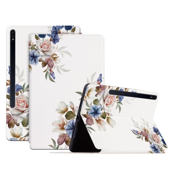 Samsung Galaxy Tab S8 Plus / S7 FE / S7 Plus blomstermønster flip-etui i skinn - Hvit Blomsterbusk White