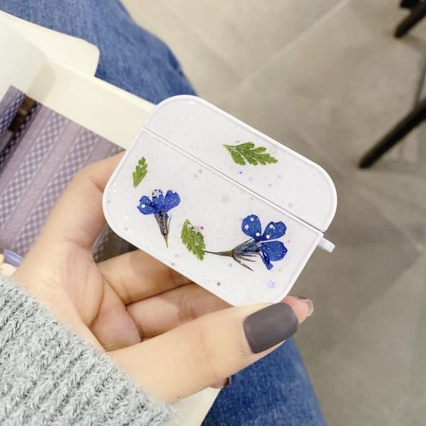 Airpods Pro blommönster + glitterdesignfodral - Blå Blå