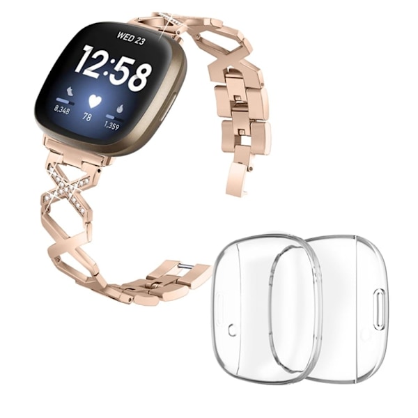 Fitbit Sense / Versa 3 X-formad klockrem med strassdekor och genomskinligt skydd - Guld Guld