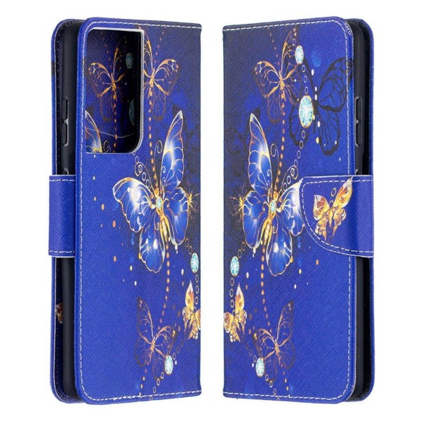 Wonderland Samsung Galaxy S21 Ultra 5G flip kuoret - Sininen Perhonen Blue