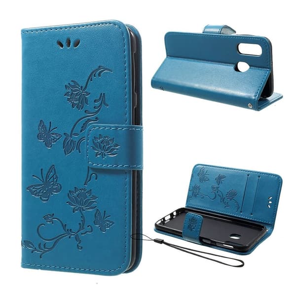 Samsung Galaxy A40 sommerfugleprint på lædercover - blå Blue