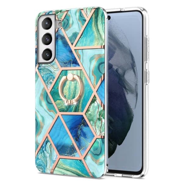 Marble Mønstret Cover med Ring Holder til Samsung Galaxy S21 FE - Blå / Grøn Blue