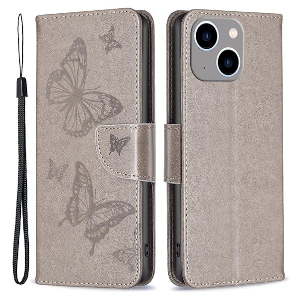 Butterfly iPhone 15 Plus Flippetui - Grå Silver grey